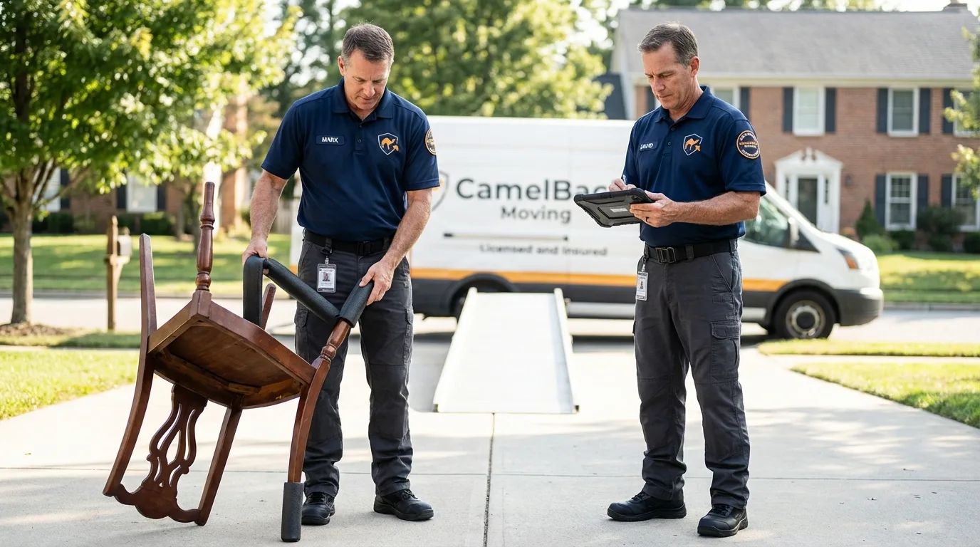 Movers inspecting furniture for damage prevention before loading in Babson Park, FL