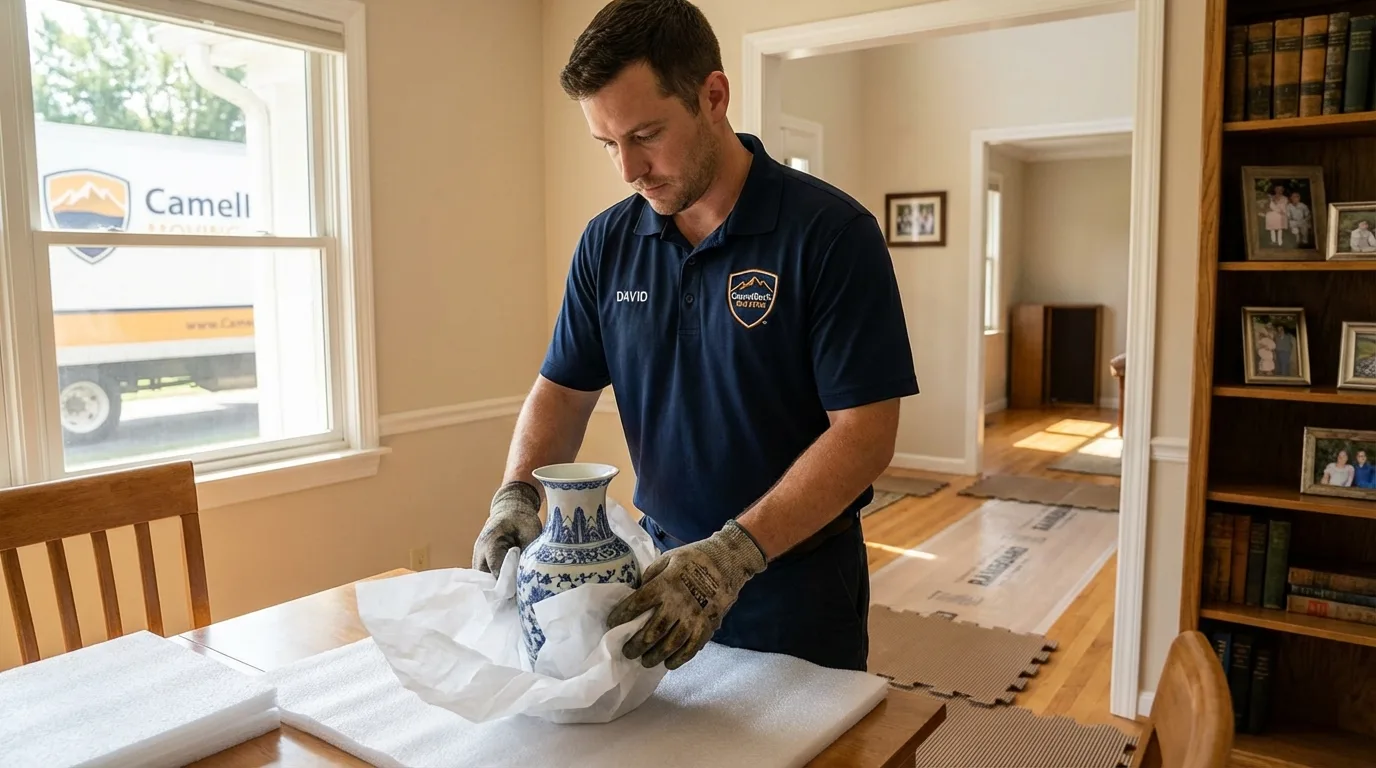 Professional crew carefully wrapping antique vase for senior downsizing move in Babson Park, FL